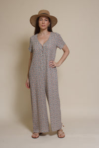 Calista short sleeve floral button up jumpsuit, in warm grey.