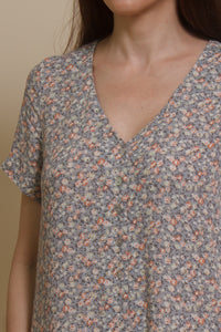 Calista short sleeve floral button up jumpsuit, in warm grey.