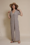 Calista short sleeve floral button up jumpsuit, in warm grey.