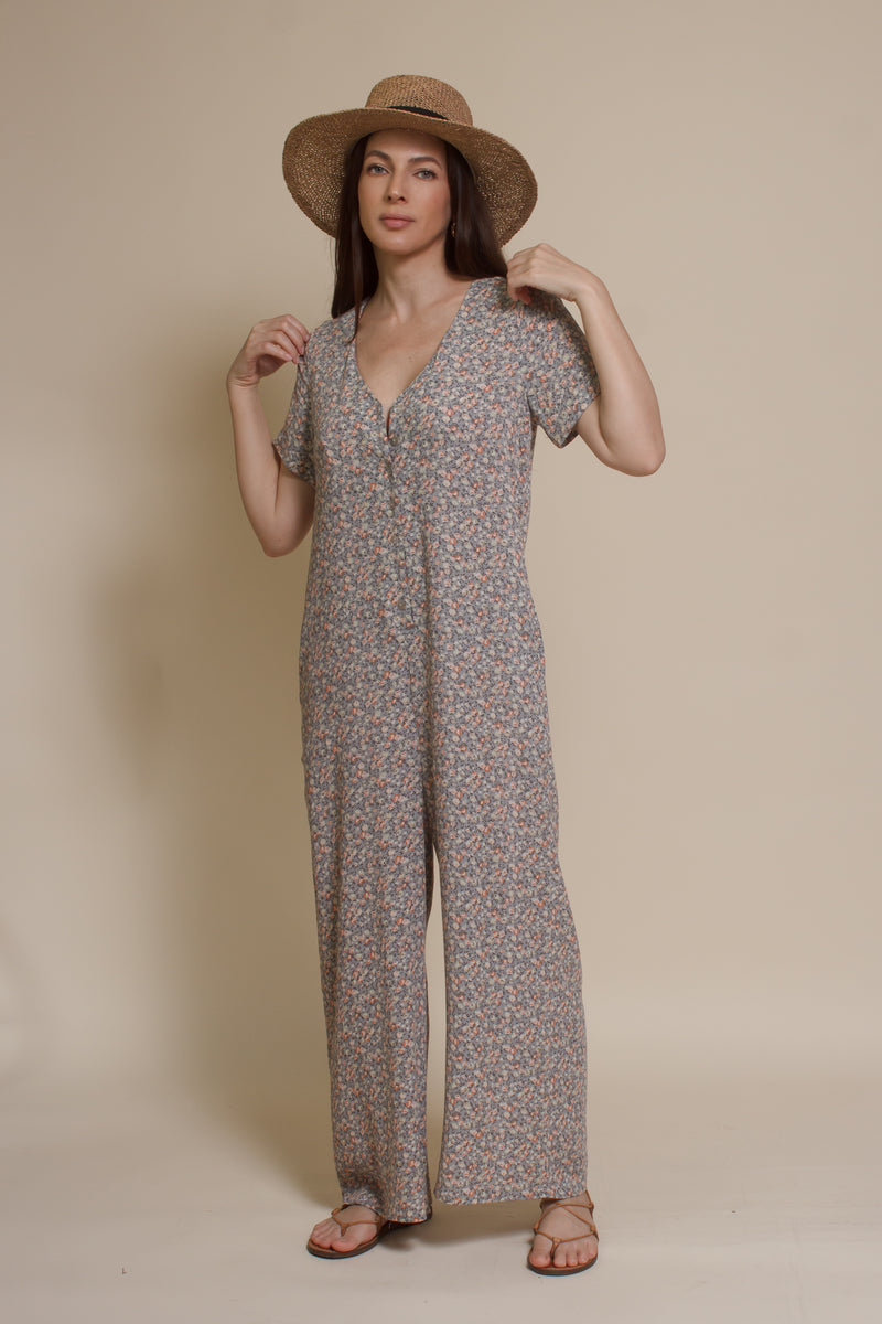 Calista short sleeve floral button up jumpsuit, in warm grey.