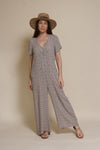Calista short sleeve floral button up jumpsuit, in warm grey.