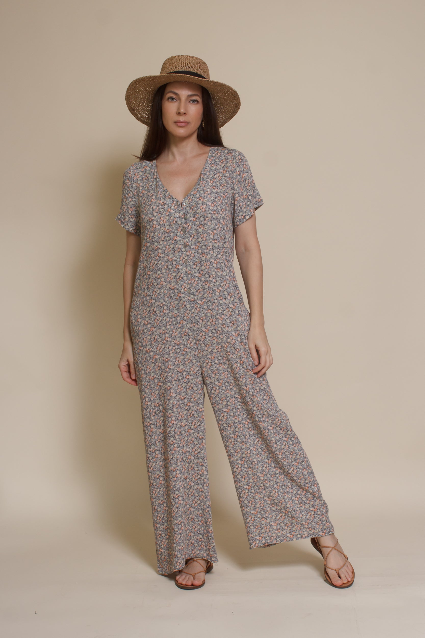 Calista short sleeve floral button up jumpsuit, in warm grey.