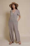 Calista short sleeve floral button up jumpsuit, in warm grey.