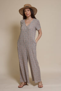 Calista short sleeve floral button up jumpsuit, in warm grey.