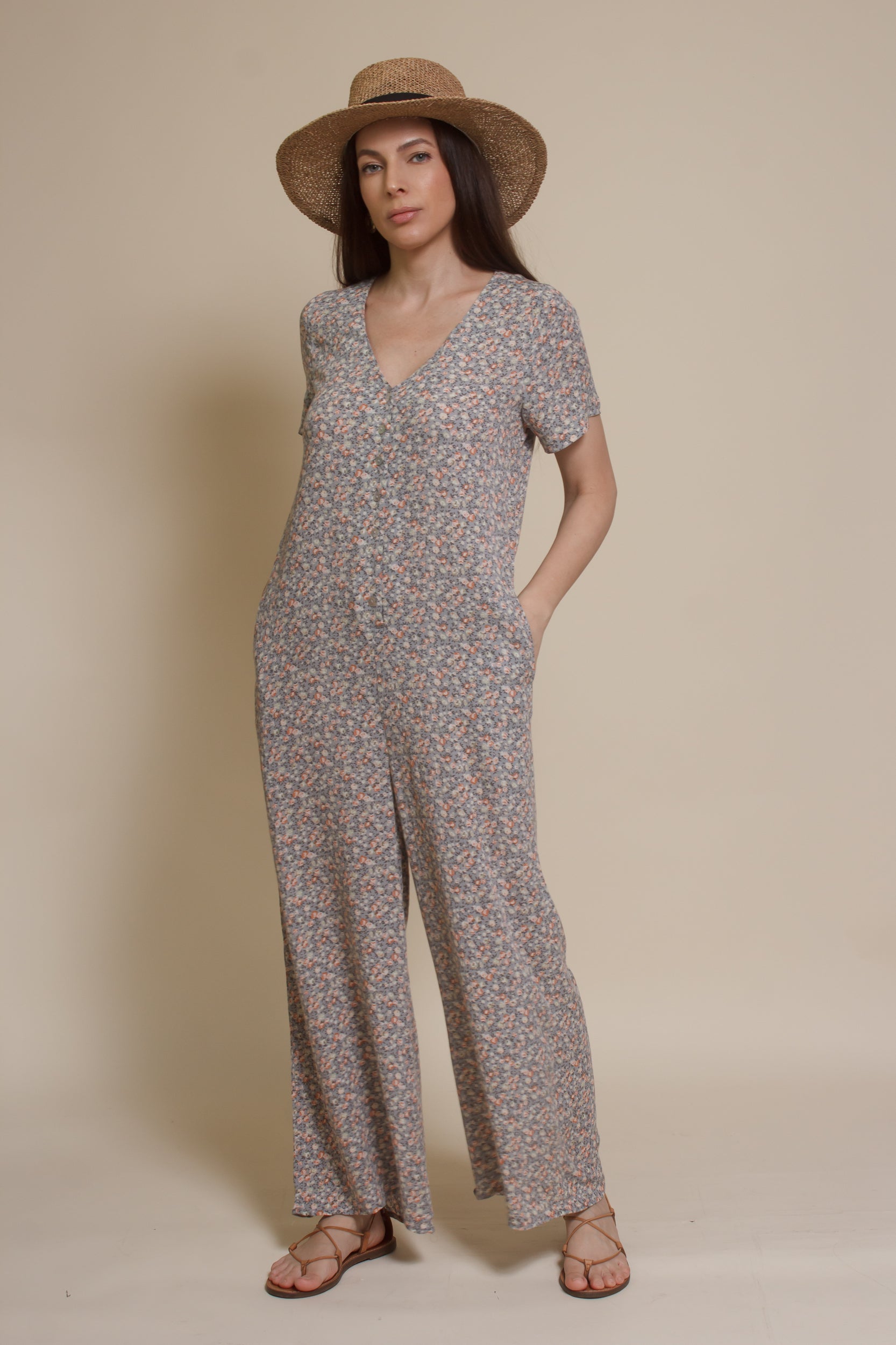 Calista short sleeve floral button up jumpsuit, in warm grey.