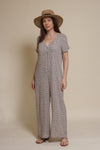 Calista short sleeve floral button up jumpsuit, in warm grey.