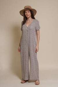 Calista short sleeve floral button up jumpsuit, in warm grey.