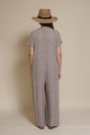 Calista short sleeve floral button up jumpsuit, in warm grey.