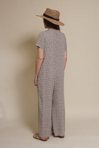 Calista short sleeve floral button up jumpsuit, in warm grey.