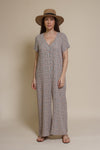 Calista short sleeve floral button up jumpsuit, in warm grey.