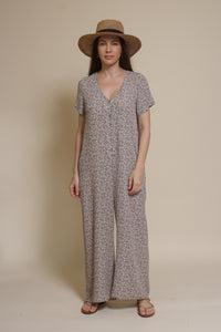 Calista short sleeve floral button up jumpsuit, in warm grey.