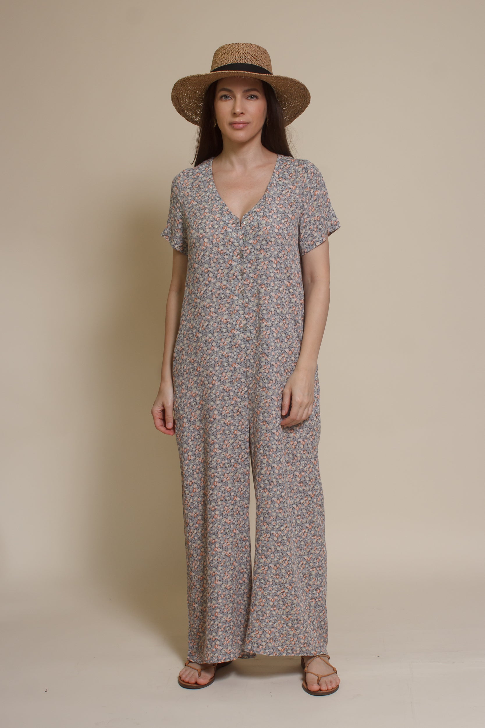 Calista short sleeve floral button up jumpsuit, in warm grey.