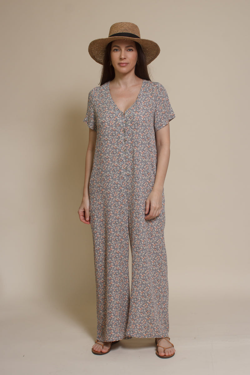 Calista short sleeve floral button up jumpsuit, in warm grey.