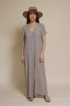 Calista short sleeve floral button up jumpsuit, in warm grey.