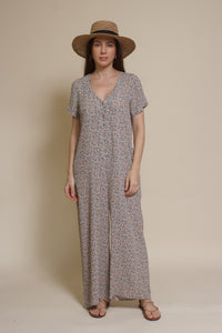 Calista short sleeve floral button up jumpsuit, in warm grey.