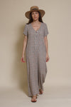 Calista short sleeve floral button up jumpsuit, in warm grey.