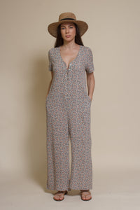 Calista short sleeve floral button up jumpsuit, in warm grey.