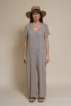 Calista short sleeve floral button up jumpsuit, in warm grey.