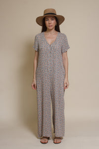 Calista short sleeve floral button up jumpsuit, in warm grey.