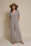Calista short sleeve floral button up jumpsuit, in warm grey.