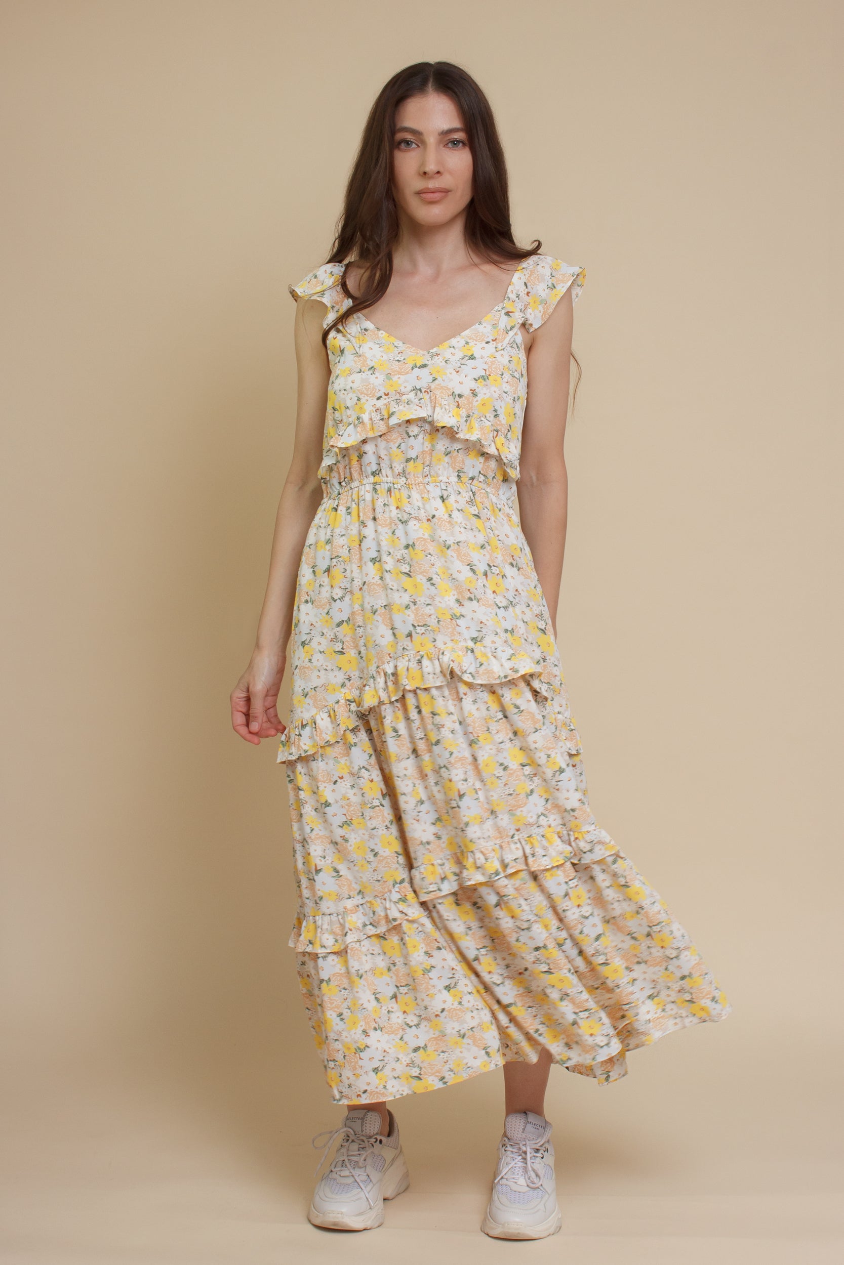Calista floral midi dress, in cream/yellow.