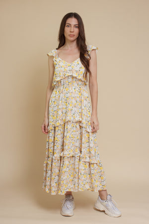 Calista floral midi dress, in cream/yellow.
