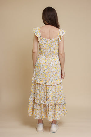 Calista floral midi dress, in cream/yellow.