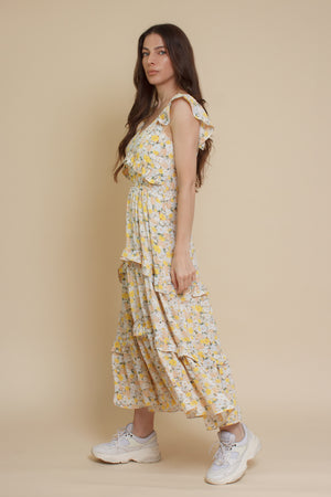 Calista floral midi dress, in cream/yellow.