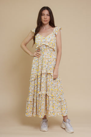 Calista floral midi dress, in cream/yellow.
