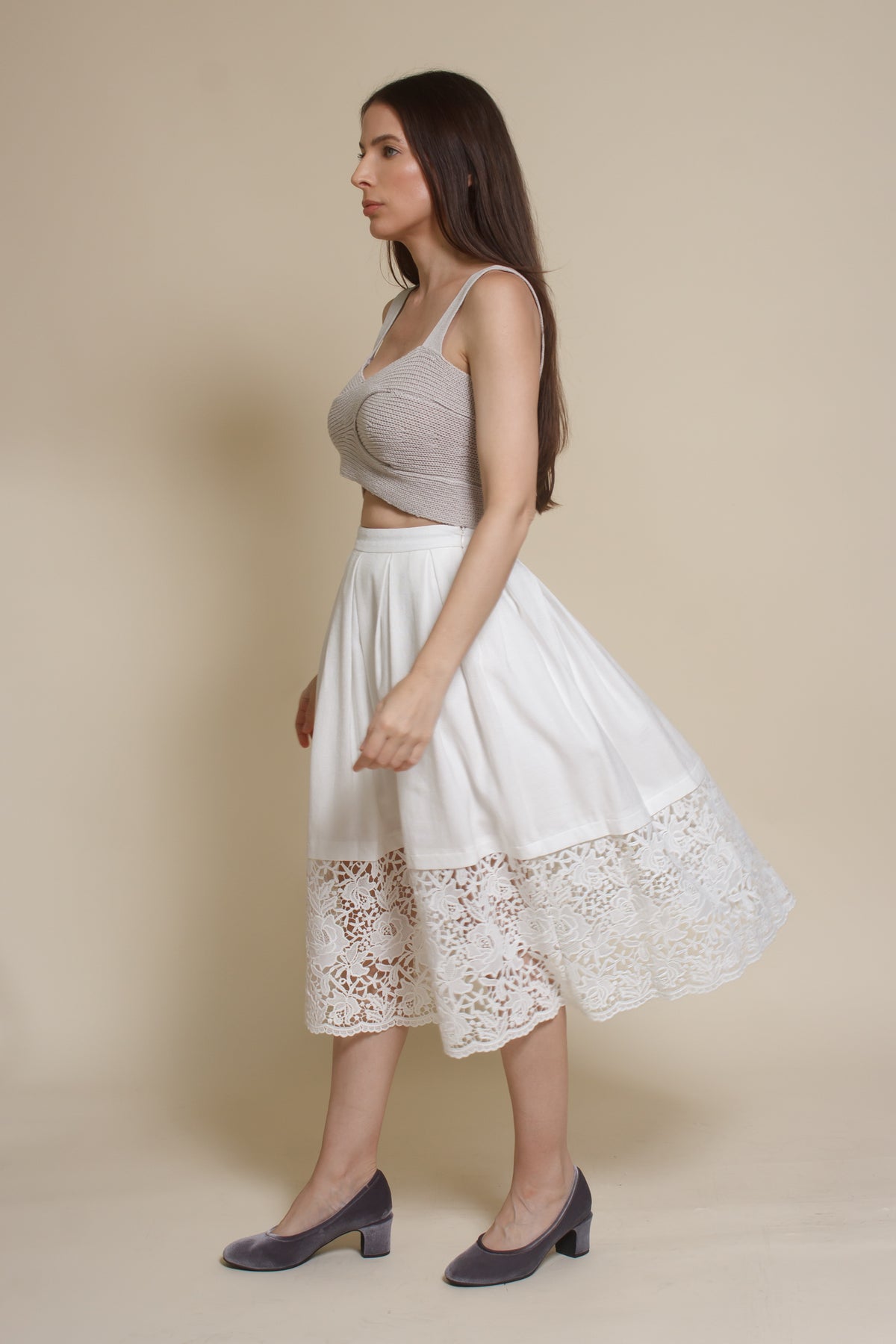 Champagne & Strawberry lace inset midi skirt, in white.