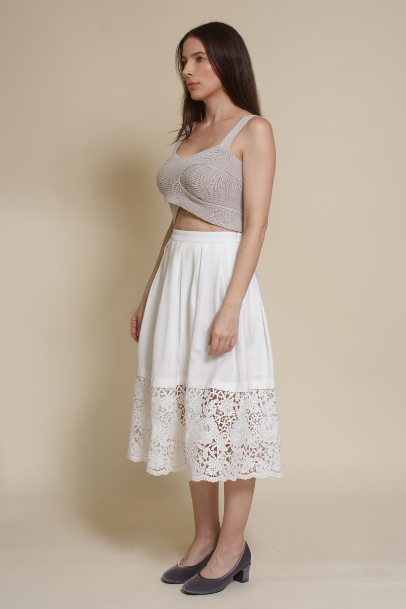 Champagne & Strawberry lace inset midi skirt, in white.