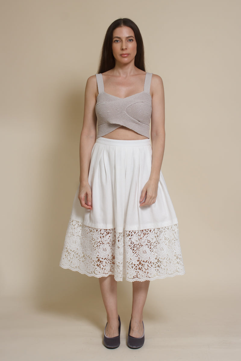 Champagne & Strawberry lace inset midi skirt, in white.