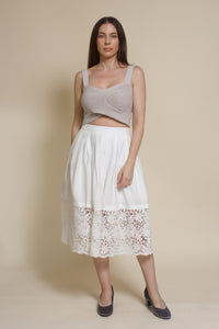Champagne & Strawberry lace inset midi skirt, in white.