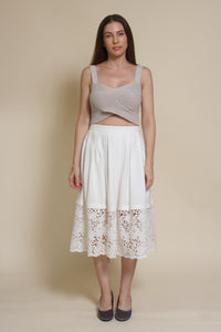 Champagne & Strawberry lace inset midi skirt, in white.