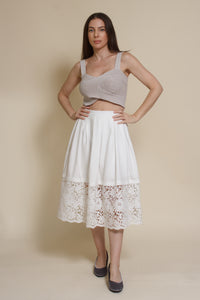 Champagne & Strawberry lace inset midi skirt, in white.