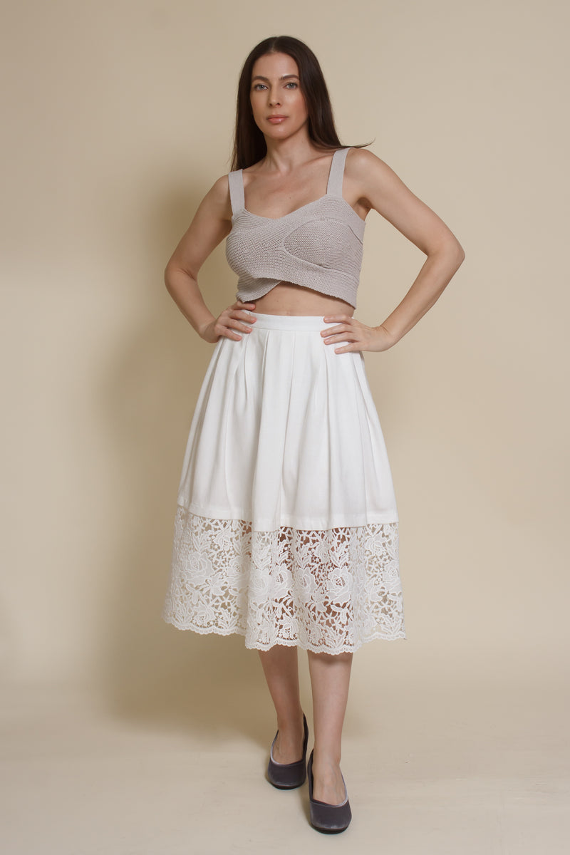 Champagne & Strawberry lace inset midi skirt, in white.