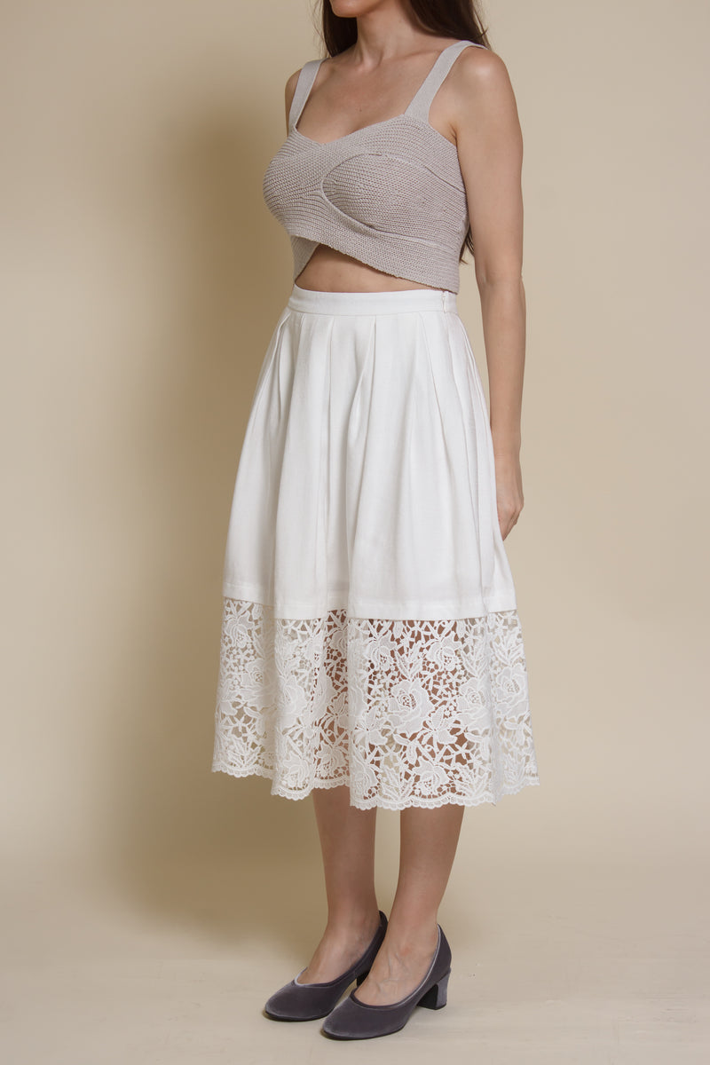 Champagne & Strawberry lace inset midi skirt, in white.