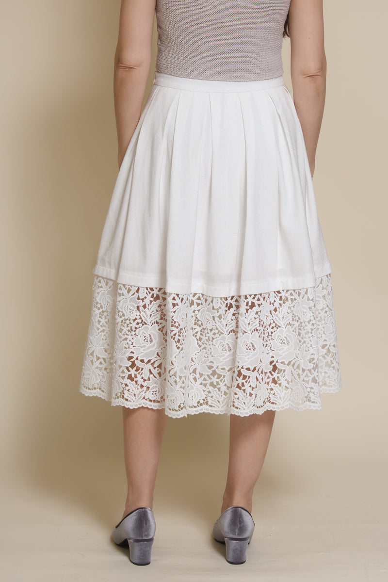 Champagne & Strawberry lace inset midi skirt, in white.