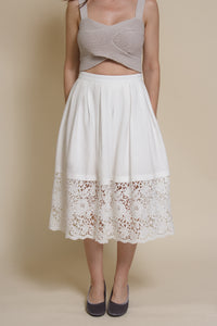 Champagne & Strawberry lace inset midi skirt, in white.