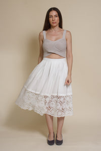 Champagne & Strawberry lace inset midi skirt, in white.