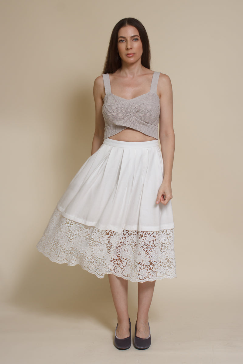 Champagne & Strawberry lace inset midi skirt, in white.