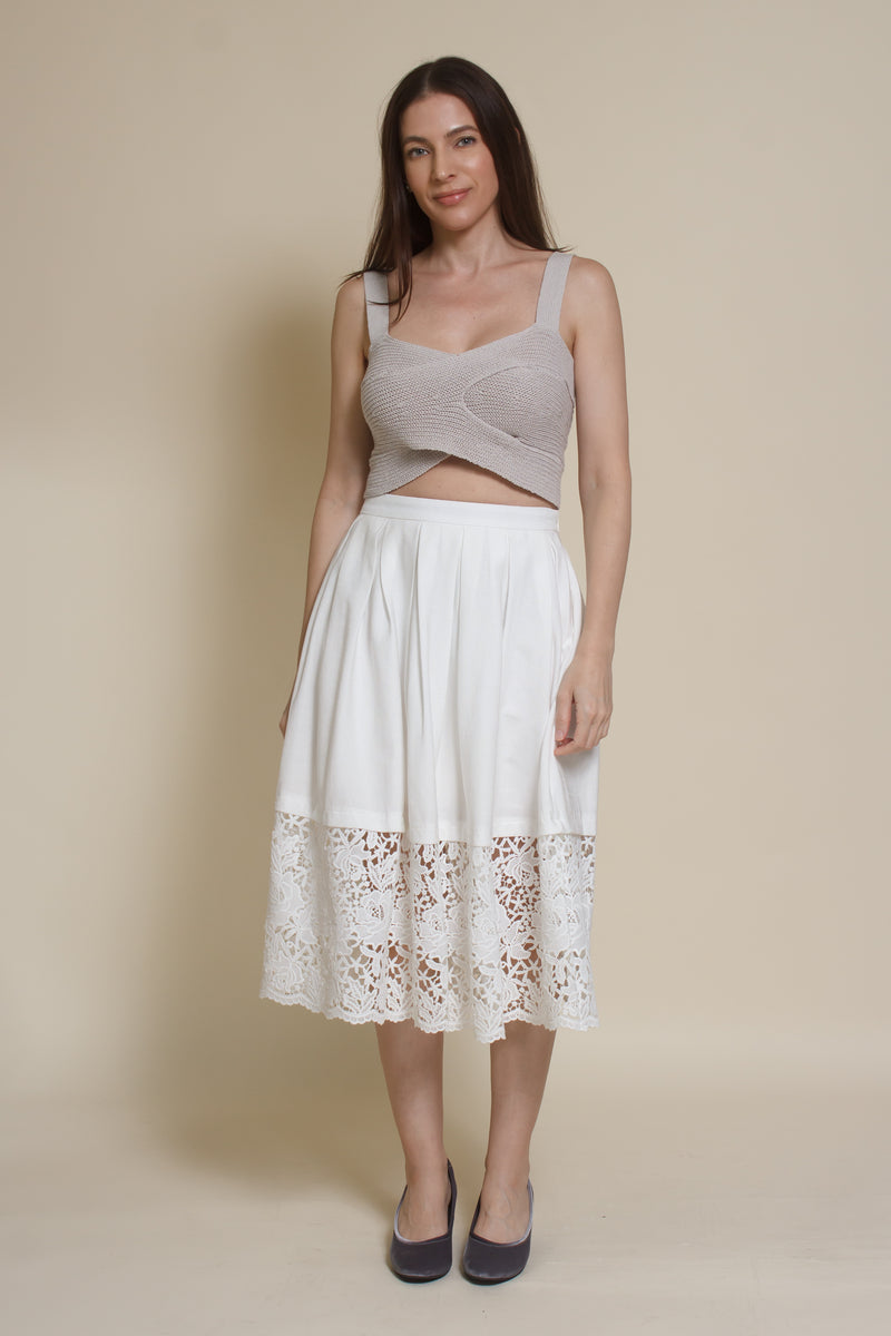 Champagne & Strawberry lace inset midi skirt, in white.