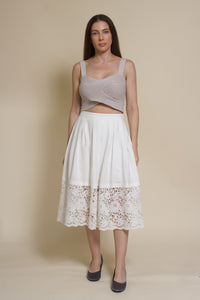 Champagne & Strawberry lace inset midi skirt, in white.