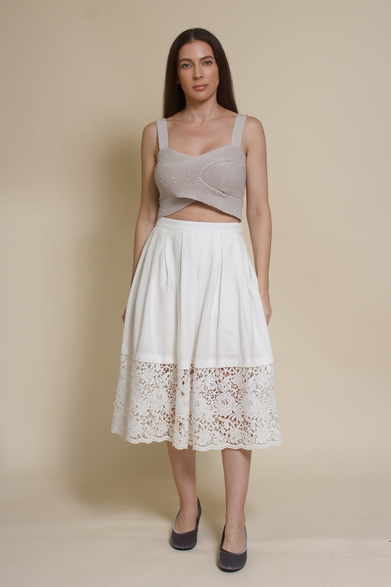 Champagne & Strawberry lace inset midi skirt, in white.