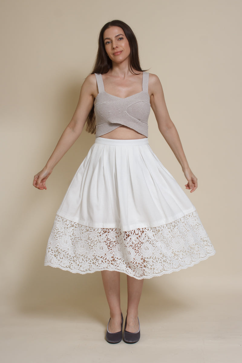 Champagne & Strawberry lace inset midi skirt, in white.