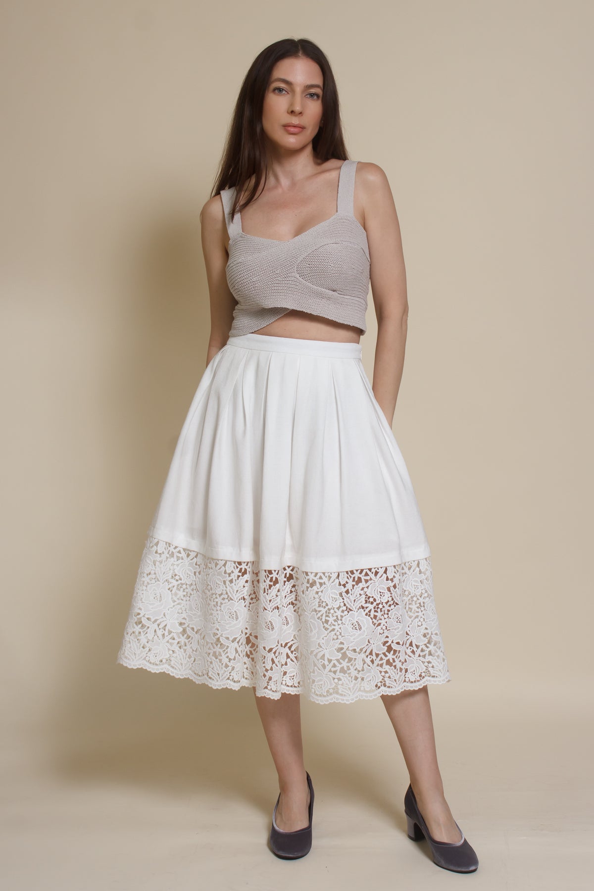 Champagne & Strawberry lace inset midi skirt, in white.