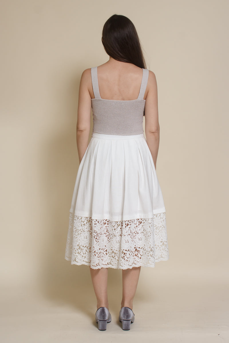 Champagne & Strawberry lace inset midi skirt, in white.