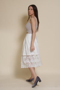 Champagne & Strawberry lace inset midi skirt, in white.