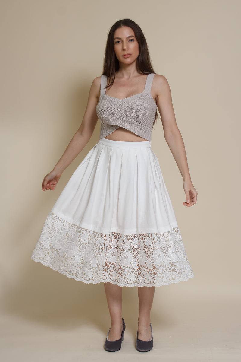 Champagne & Strawberry lace inset midi skirt, in white.