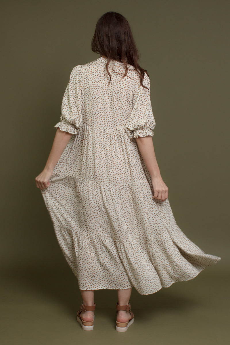 Henley style puff sleeve floral midi dress, in creme floral.